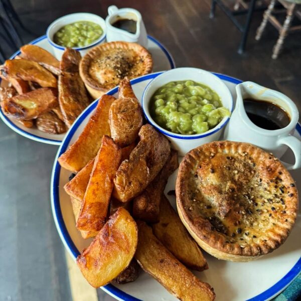 The Riverside Kelham double pie, chips, peas & gravy