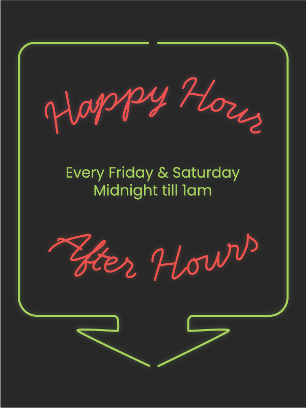 oin After Hours Happy Hour at Riverside Kelham every Friday and Saturday from midnight–1am. £4 Pravha, Aspall, Peroni 0.0, Rekorderlig and more.